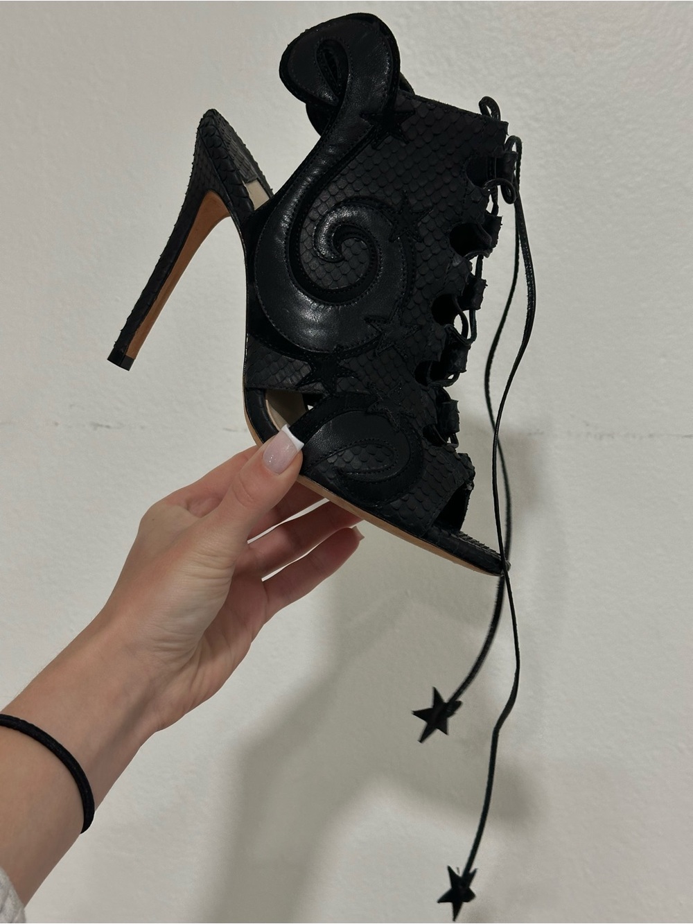 Black Lace-Up Stiletto Sandal with Decorative Swirl Detail
